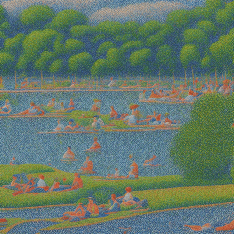 AI generated: Imaginative bank of the river with resting people in Seurat pointillism style.