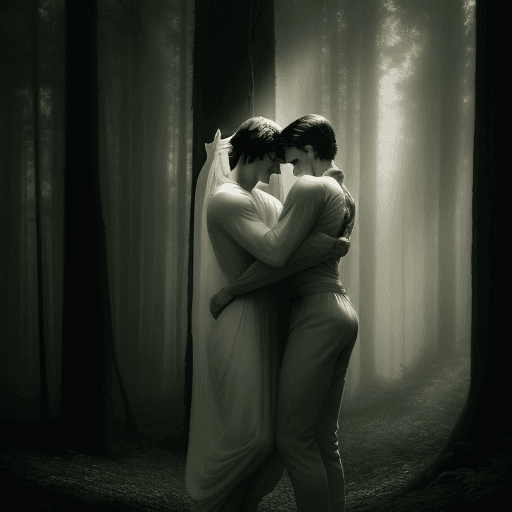 AI generated: mystical and beautiful woods, yung white boy, short dark hair, full body, strong body, young man, sh...