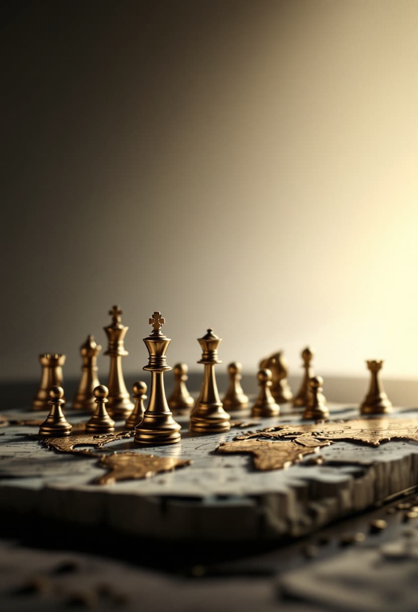 AI generated: a cinematic photograph of intricately designed golden chess pieces strategically positioned on a ric...