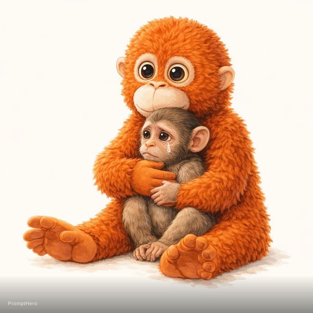 AI generated: storybook style illustration, tiny baby monkey with one single tear sitting in the arms of a large o...