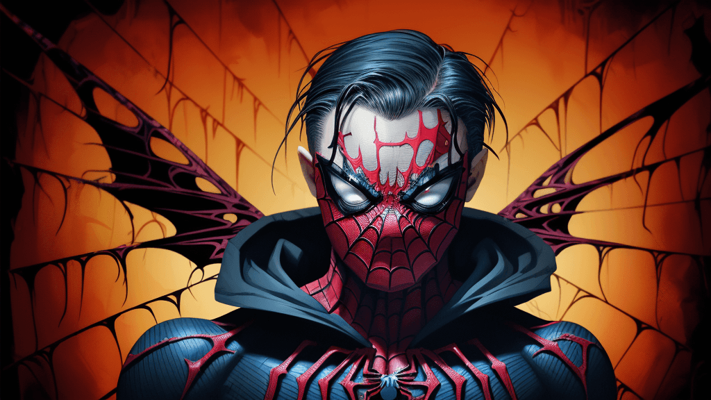 AI generated: in a funky background portrait of little evil vanquished Spider-Man, spiderweb wings, extremely Prom...