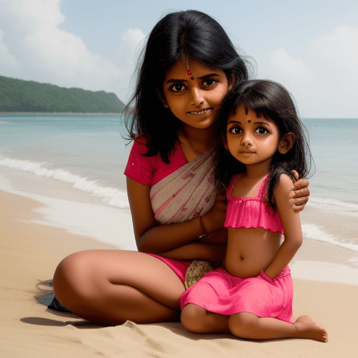 AI generated: 5 yo indian girl at the beach with her mother