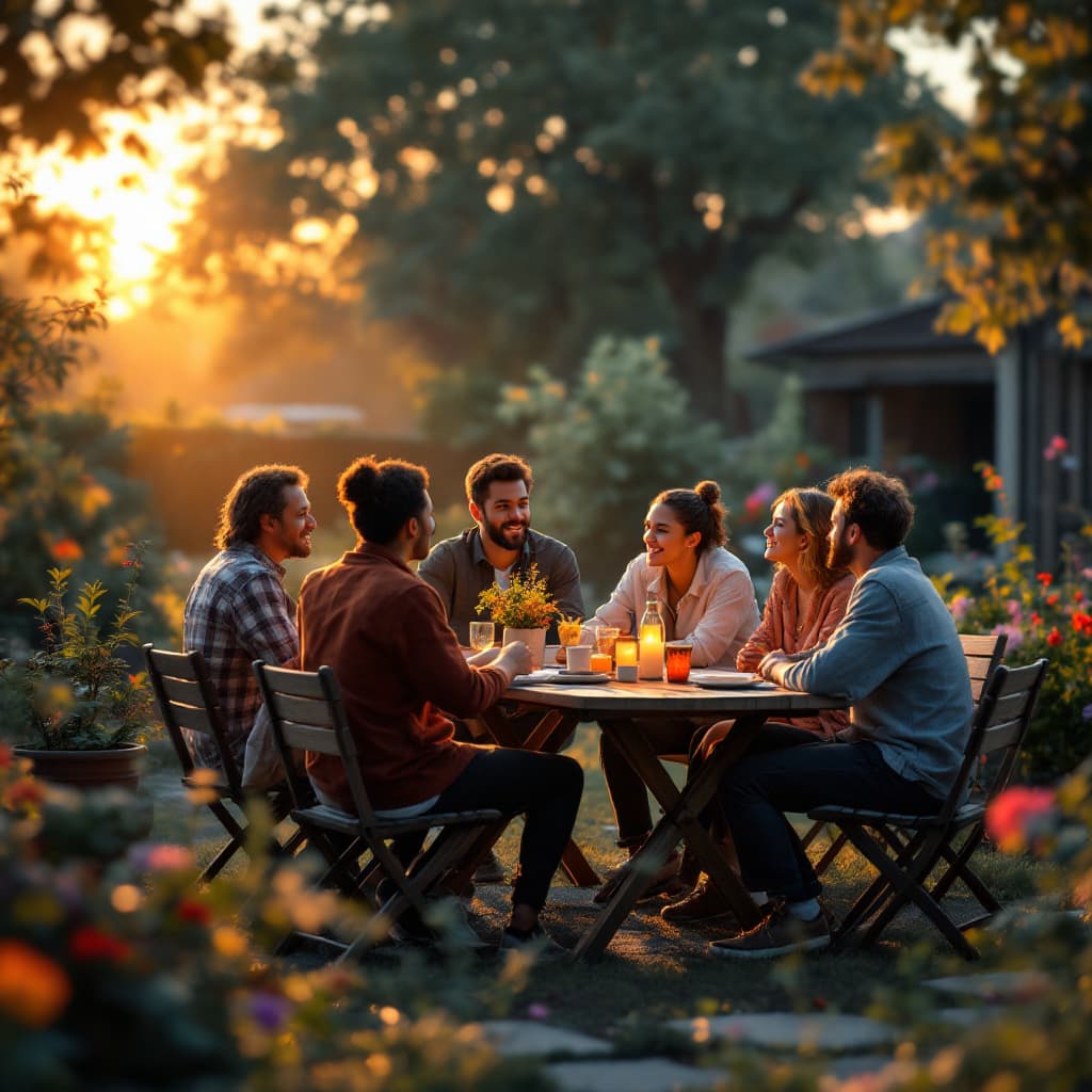 AI generated: Several people socializing, in the yard, around a table, in the morning  (work of art) (best quality...