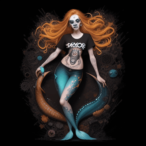 AI generated: a full body photo shot of a gorgeous cute (Mermaid) ginger with blonde hair, wearing a T-Shirt made ...