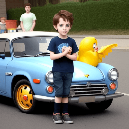 AI generated: a little hero who looks like the heroes of kids cartoons with his beautiful car 