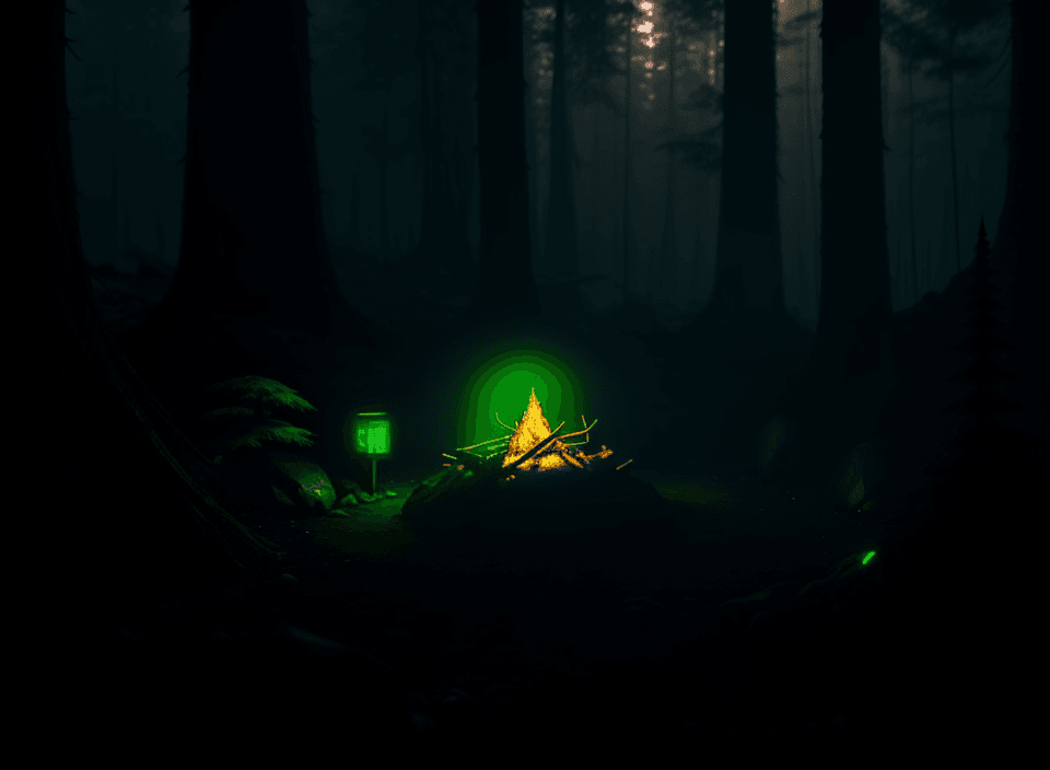 AI generated: cyberpunk buddhist forest, around a campfire, on a mountain lit with neon lights, flashing neon sign...