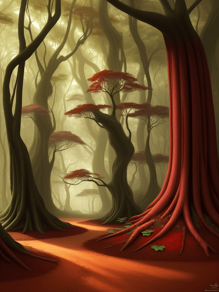 AI generated: deciduous forest in a humid subtropical climate with red clay soil, award winning fantasy concept ar...