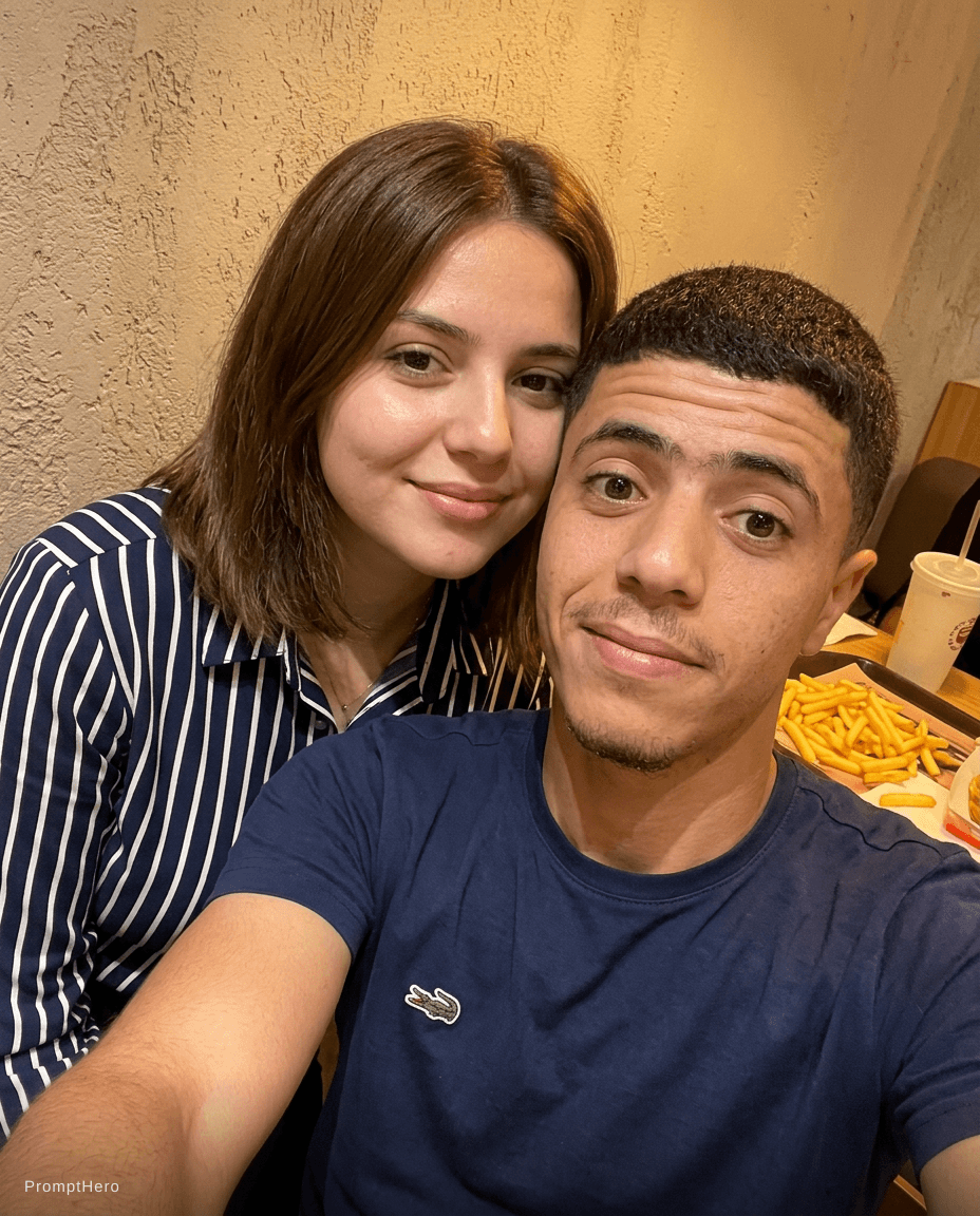 AI generated: An ultra-realistic candid selfie of a young couple sitting indoors in a cozy café, with warm ambient...
