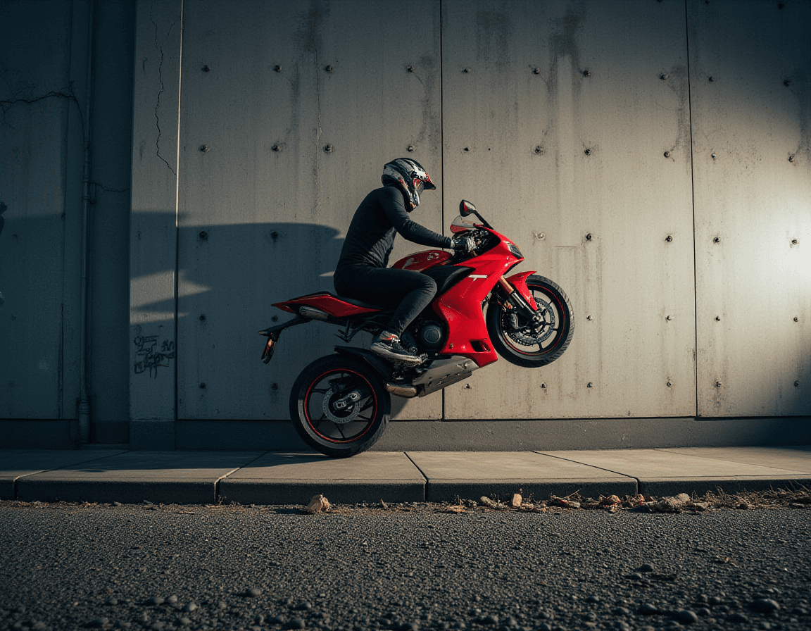 AI generated: A dramatic, action-packed scene of a biker performing a wheelie on a sleek red racing bike, with the...