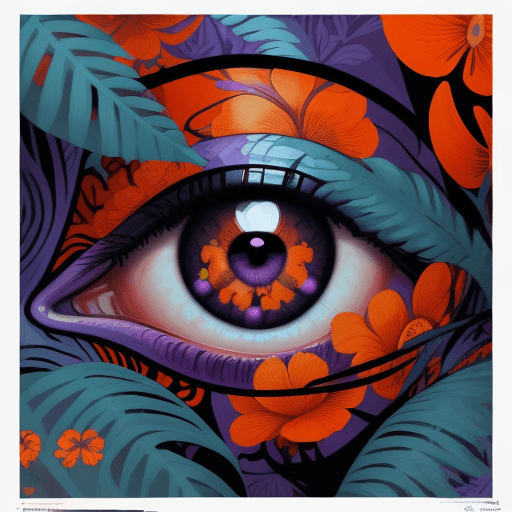 AI generated: a  painting of an eye with purple and orange flowers, in the style of james jean, mysterious jungle,...
