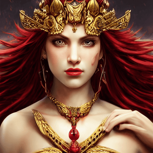 AI generated: a matte painting of an insanely beautiful female goddess of seduction, sharp focus on red eyes, insa...