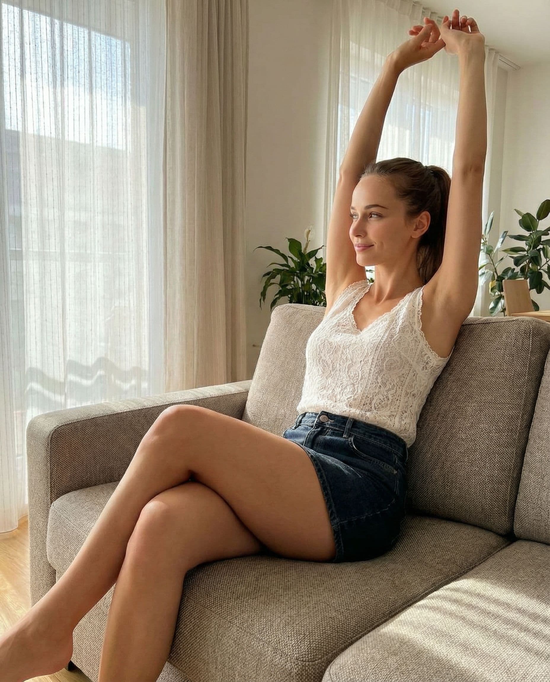 AI generated: The uploaded Woman in a short MINI skirt and a WHITE LANCED sleeveless tight t-shirt sitting with on...