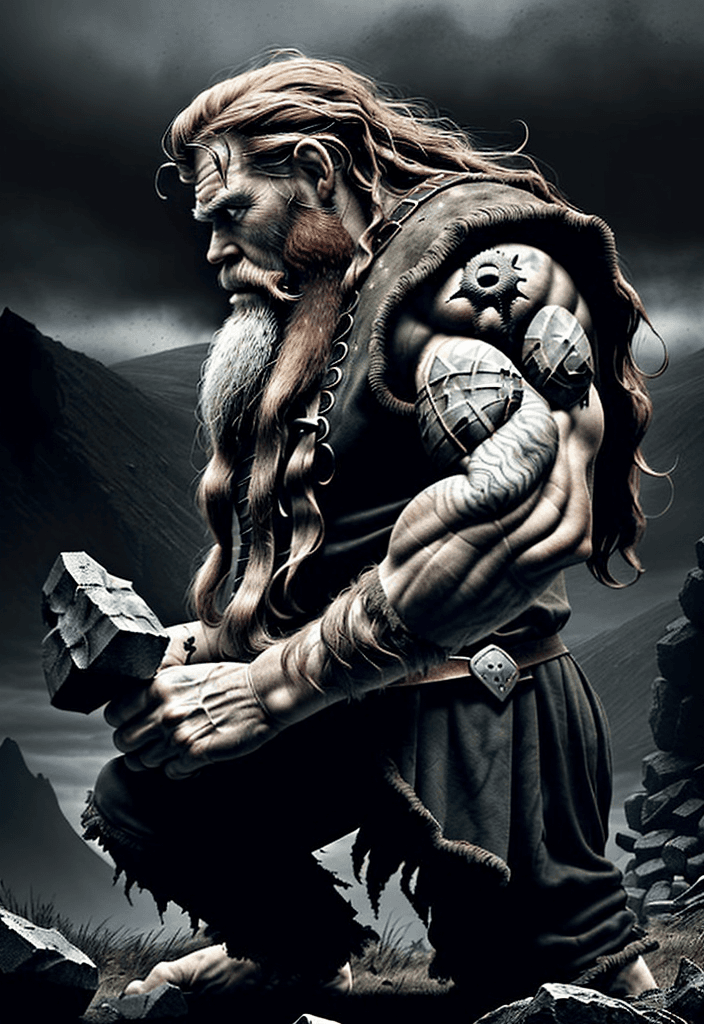 AI generated: side view, in a war, Stoick, age 50, is a great, shaggy mountain of a man, whose conquests have beco...