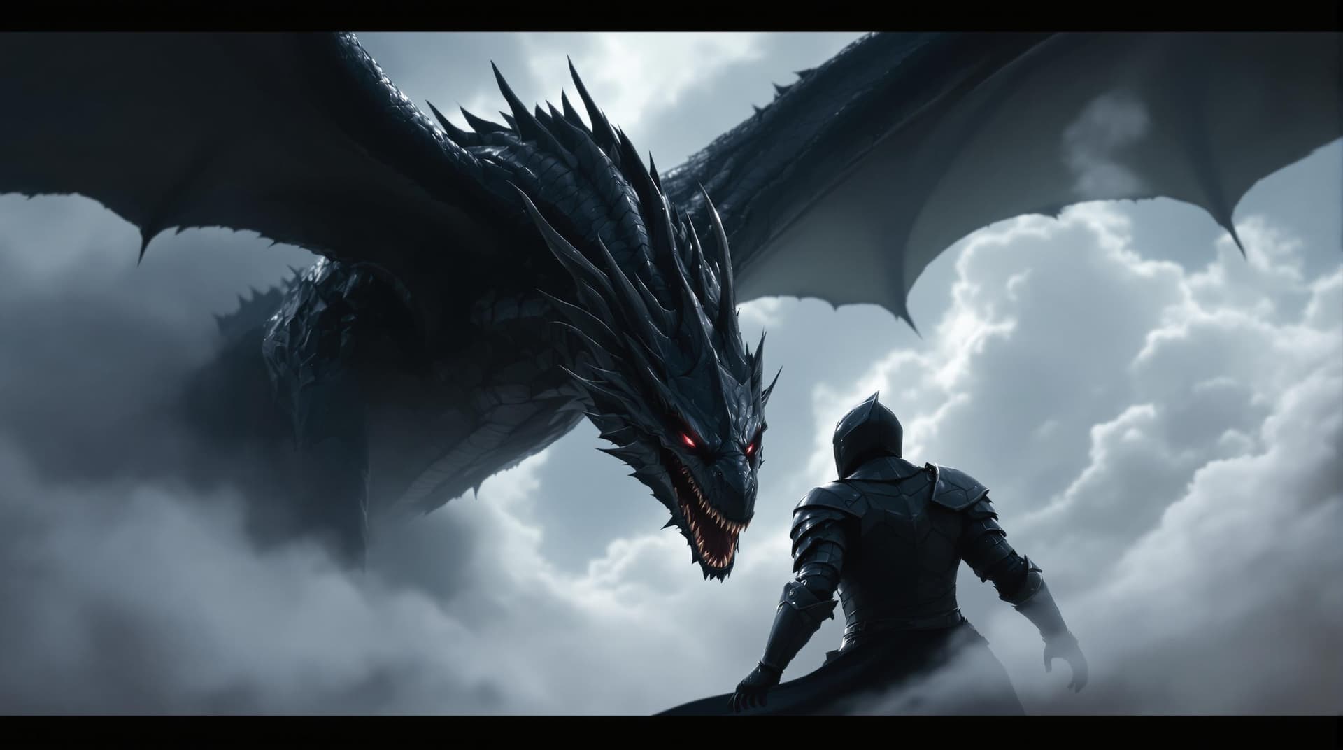 AI generated: a dramatic scene of a person in dark armor, possibly a knight, being swooped down upon by a large dr...