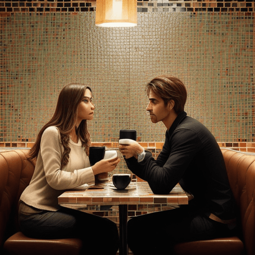 AI generated: A man and a woman drink coffee in a coffee shop. The background is all mosaic tiles, only the profil...