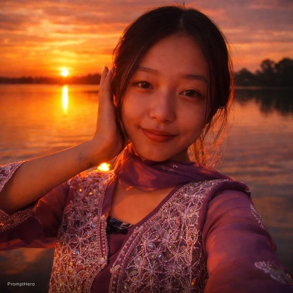 AI generated: Same face at image with sunsets reflections 
