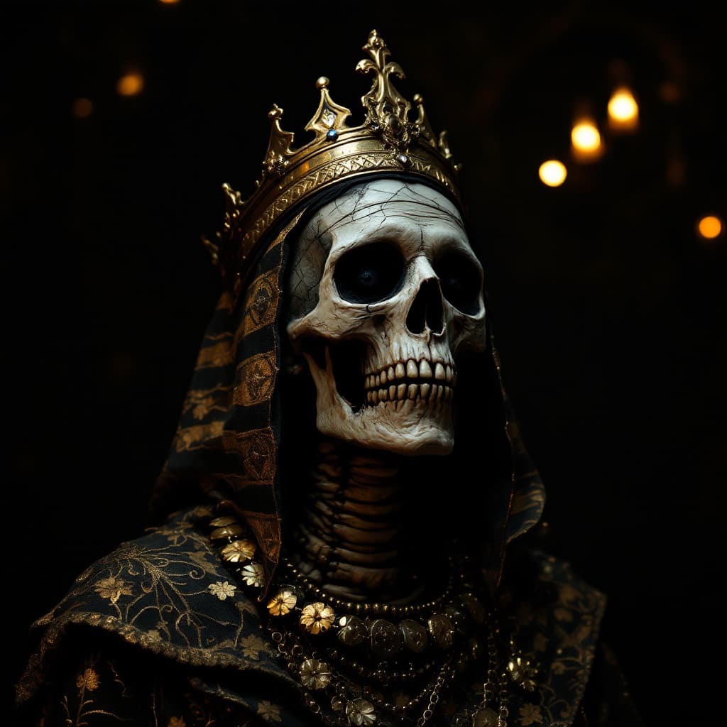 AI generated: The image features a dead old queen in full attributes, depicted as a mummy. She is wearing a crown ...