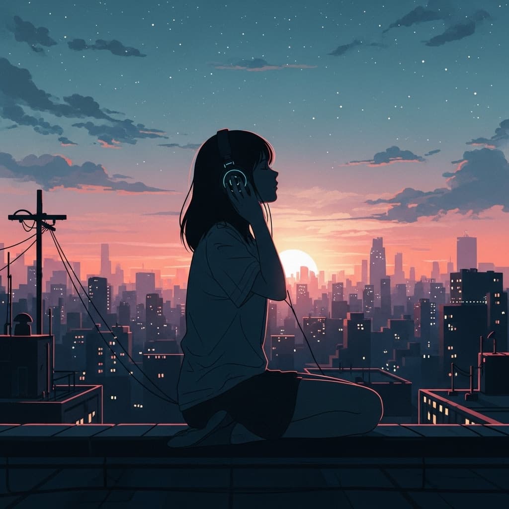AI generated: artistic, illustration artwork, quiet rooftop at dusk with soft sunlight and complex city skyline in...