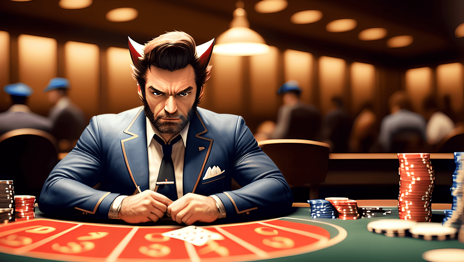 AI generated: Vintage Scene of Wolverine playing poker at the poker table in world trade park building, photoreali...