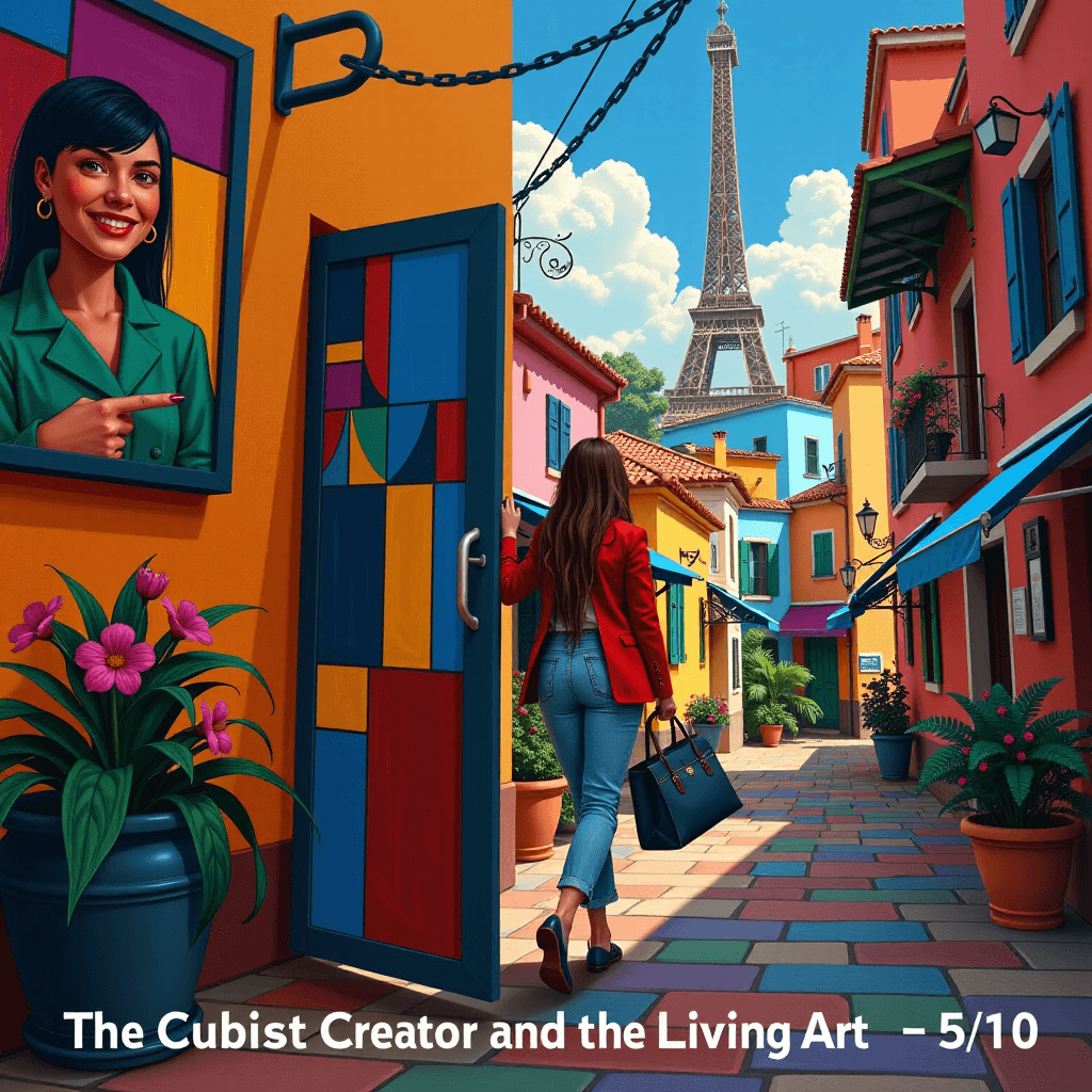 AI generated: The Cubist Creator and the Living Art - 5 of 10: The colorful, living cubist artist (vibrant, fragme...