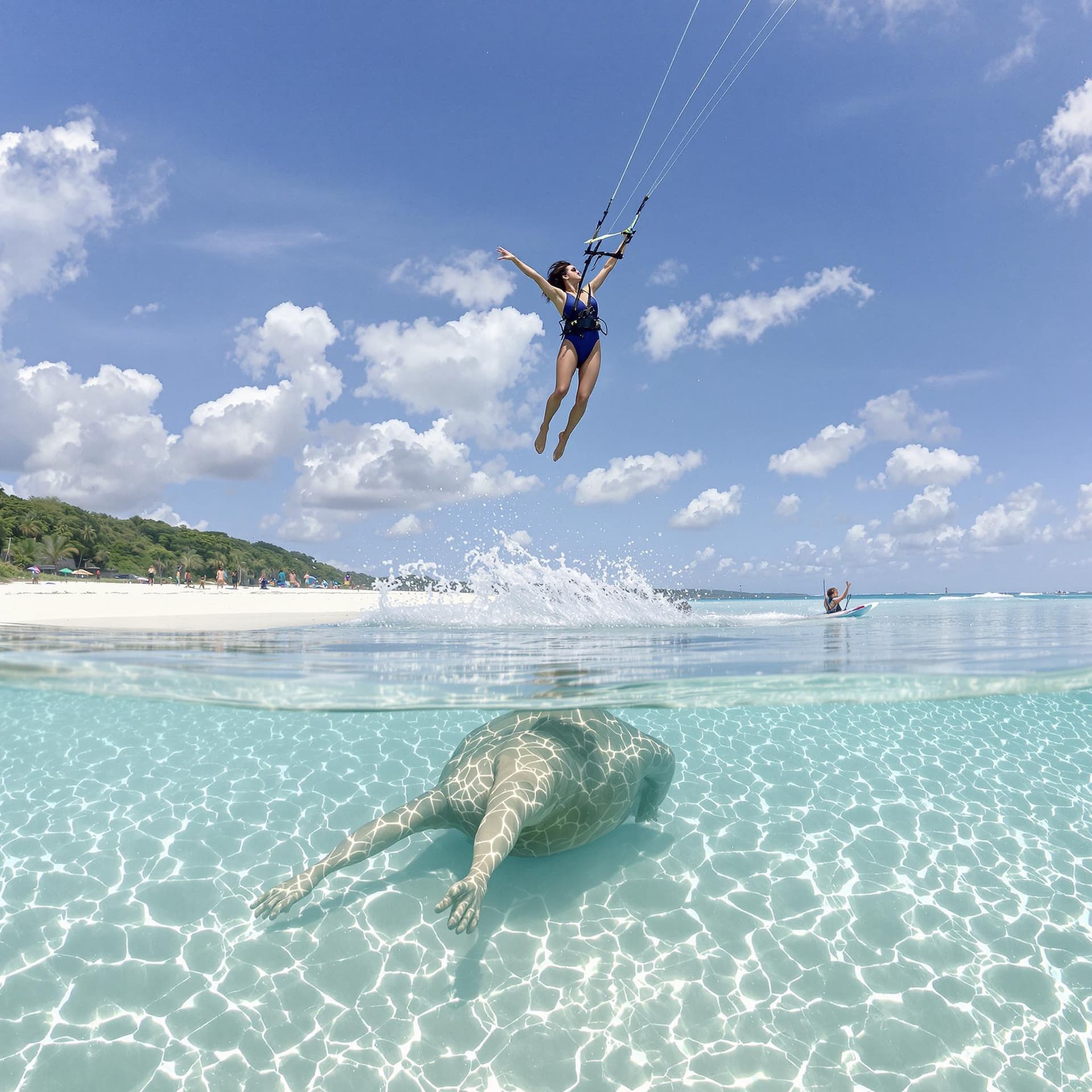 AI generated: schöne & Stunning Korean Frau,

• Sandbank und Kitesurferin: Eine Kitesurferin springt hoch in die L...