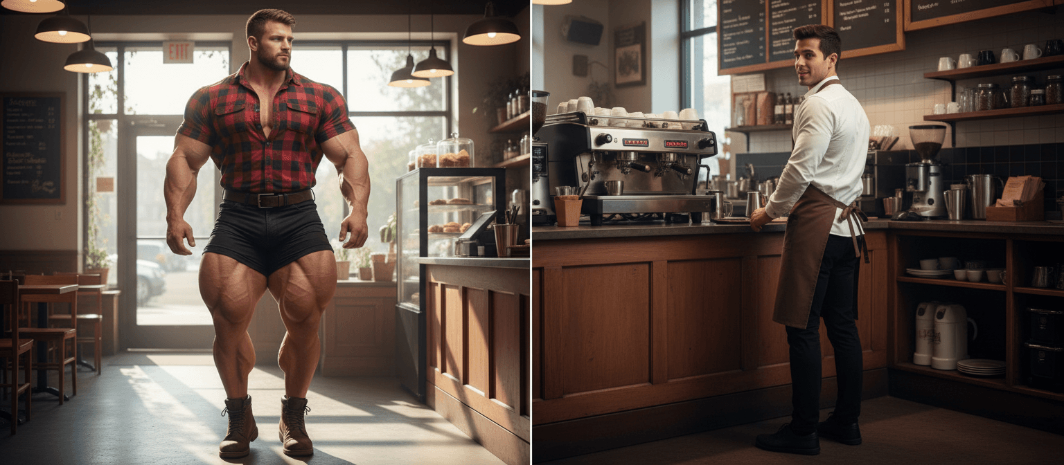 AI generated: morning light from the outside, at a coffee shop, the bodybuilder is 6'4" tall, he has huge muscular...