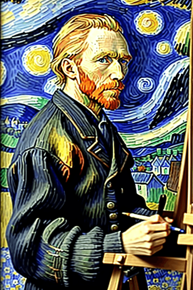 AI generated: Side view Portrait of van Gogh standing in front of easel and painting in van Gogh style, France vil...