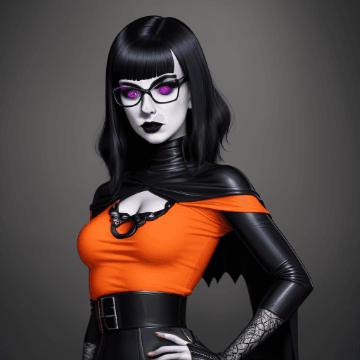 AI generated: goth girl astestic, velma from scooby-doo, a woman wearing eye glasses and an orange top, goth style...