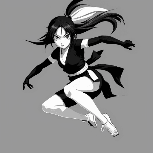 AI generated: no color, perfect anime illustration, portrait of a pretty ninja girl jumping, {{{{{{black and white...