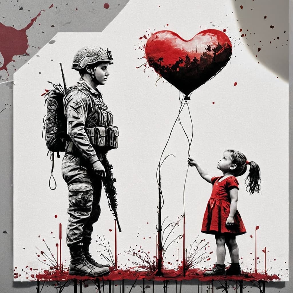 AI generated: a soldier with rifle, a girl with heart shaped balloon,