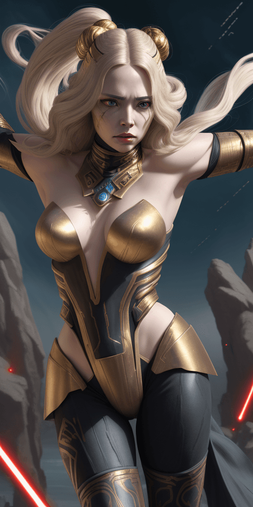 AI generated: female Sith lord from STAR WARS, gold hair, beautiful girl, detailed face, flying sky, goddess of wr...