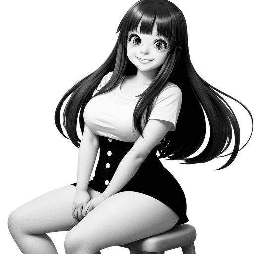 AI generated: Cartoon girl smiling, Anime cute, big beautiful eyes, fully seated, smile,{{{{{{black and white styl...