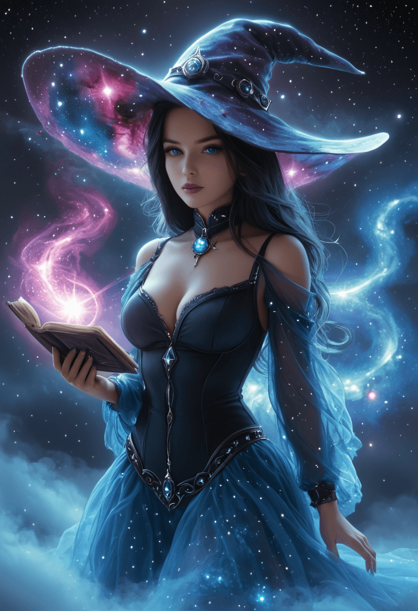 AI generated: Cosmic witch,nebula,stars,highres,realistic,<lora:FantasyWizardWitchesXLV3:1>,hkmagic,<lora:add-deta...