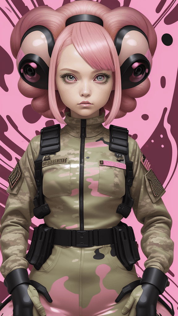 AI generated: in a funky background portrait of little mushroom woman, pink hair, wearing army attire, Prominent e...