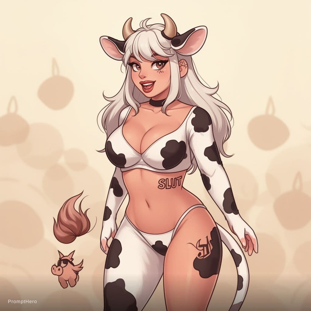 AI generated: sexy furry cartoon cow girl, hentai style, cow tail, cow ears, cow fur, sex, porn, look like miqote,...