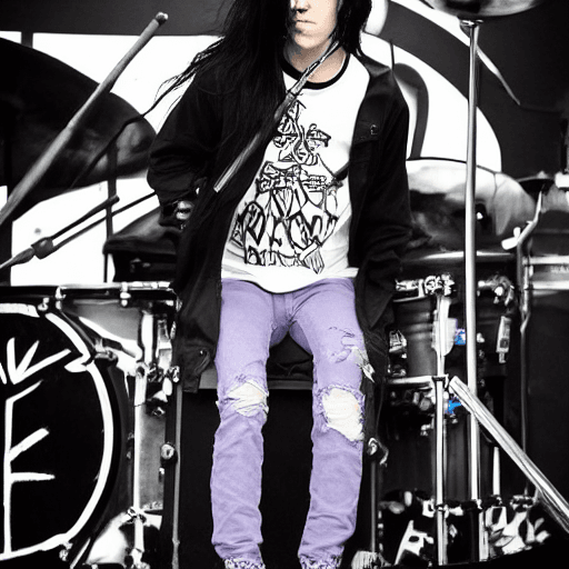 AI generated: Male, drummer, long straight black hair, baggy jeans, grey eyes, in a band, playing drums, lean, ski...