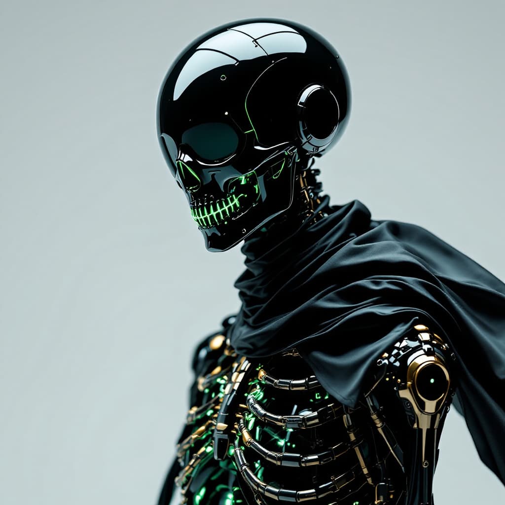 AI generated: futuristic skeletal figure, cyberpunk aesthetic, glossy black metallic skull helmet, neon green acce...