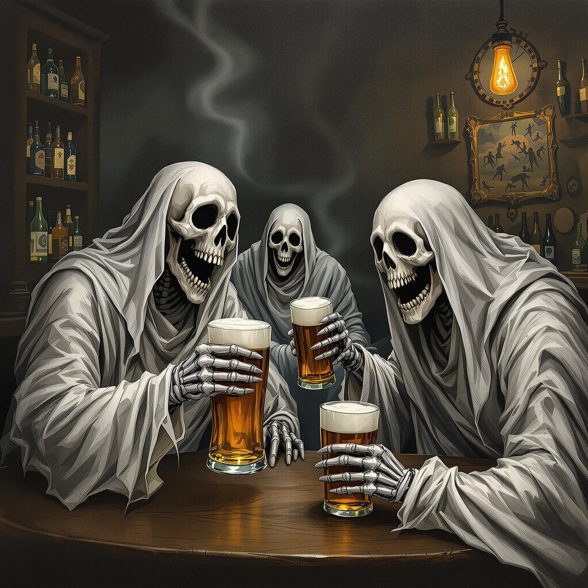 AI generated: ghosts and skeleltons at a bar drinking beer