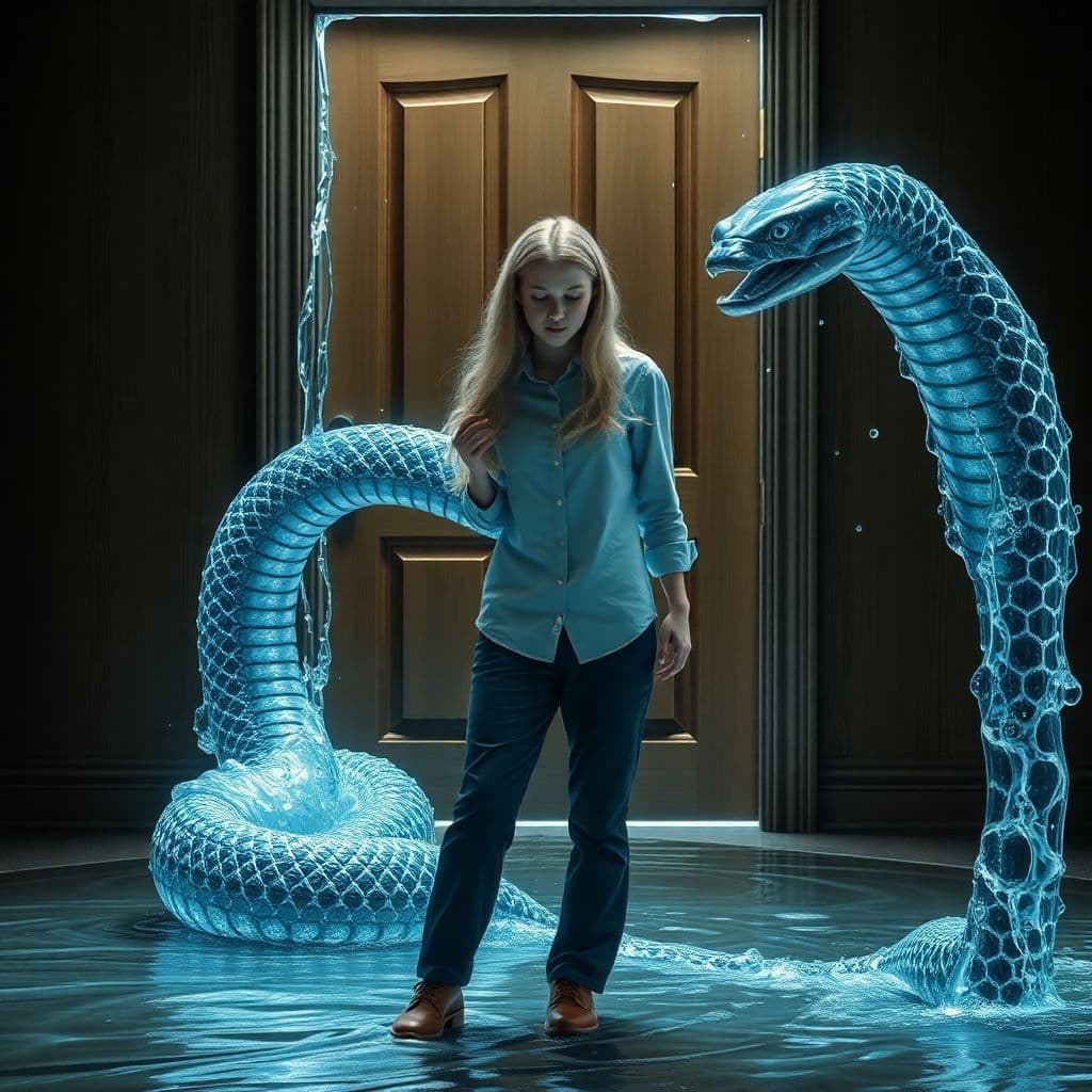 AI generated: A 17 year old female with ashen long blonde hair, is using her hydrokinetic powers to make a giant s...