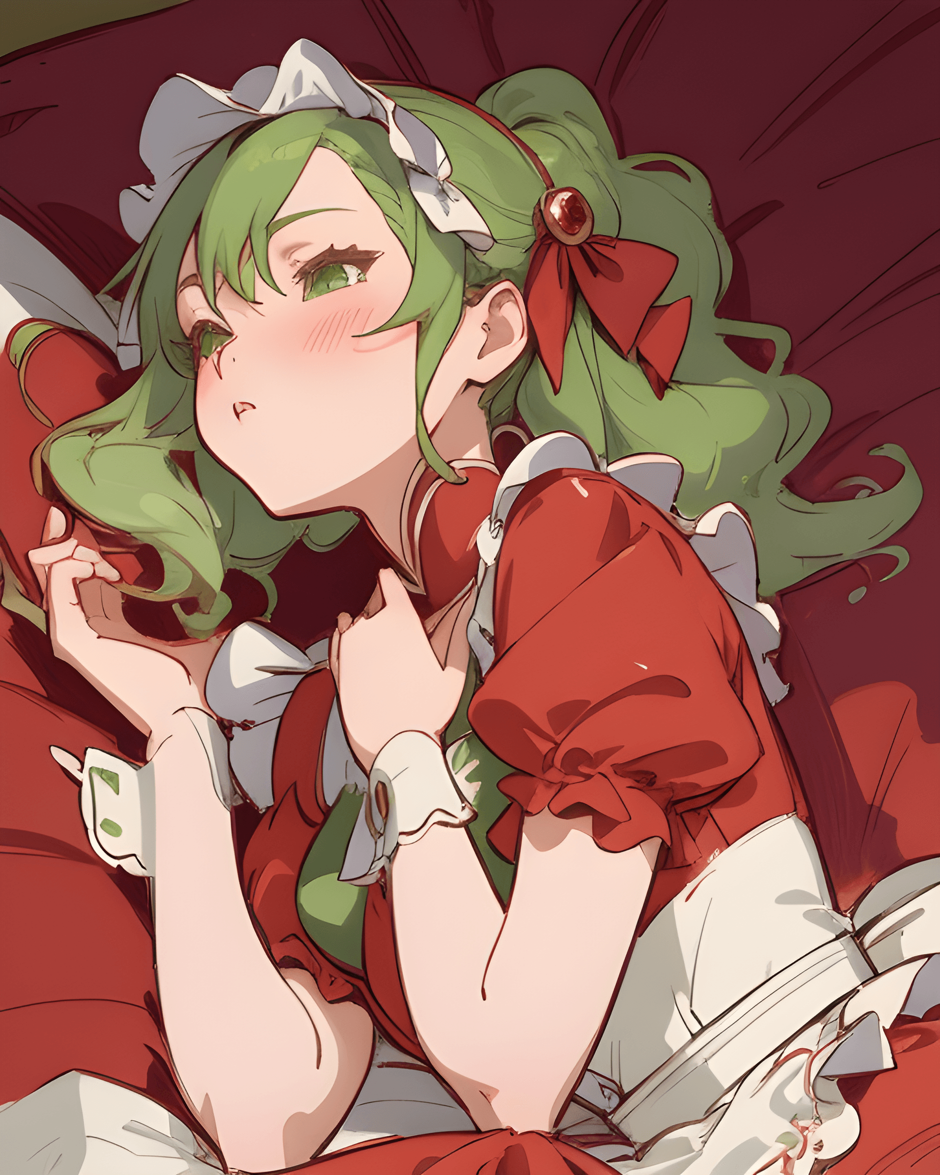 AI generated: a woman with green hair wearing a red dress, an anime drawing, inspired by Yanagawa Shigenobu, pixiv...