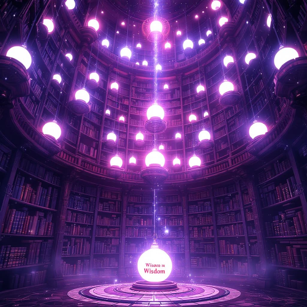 AI generated: "The wise store up knowledge" — A vast library with glowing orbs of light labeled “Wisdom” stored on...