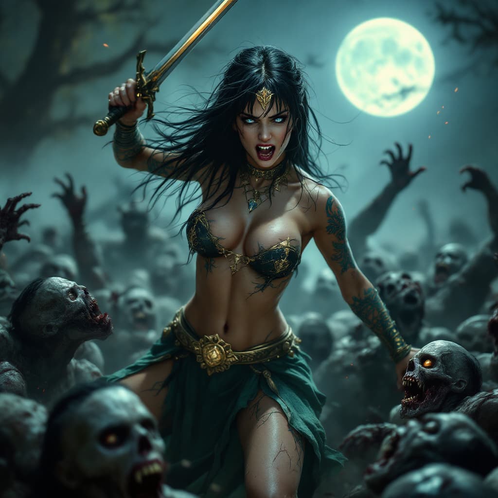 AI generated: Hyper realistic, photo realism, zoomed out HD Photo of beautiful, sultry Amazon Vampire Princess in ...