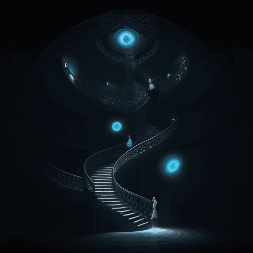 AI generated: A dreamy illustration of an infinite staircase leading to the universe, with books and characters on...