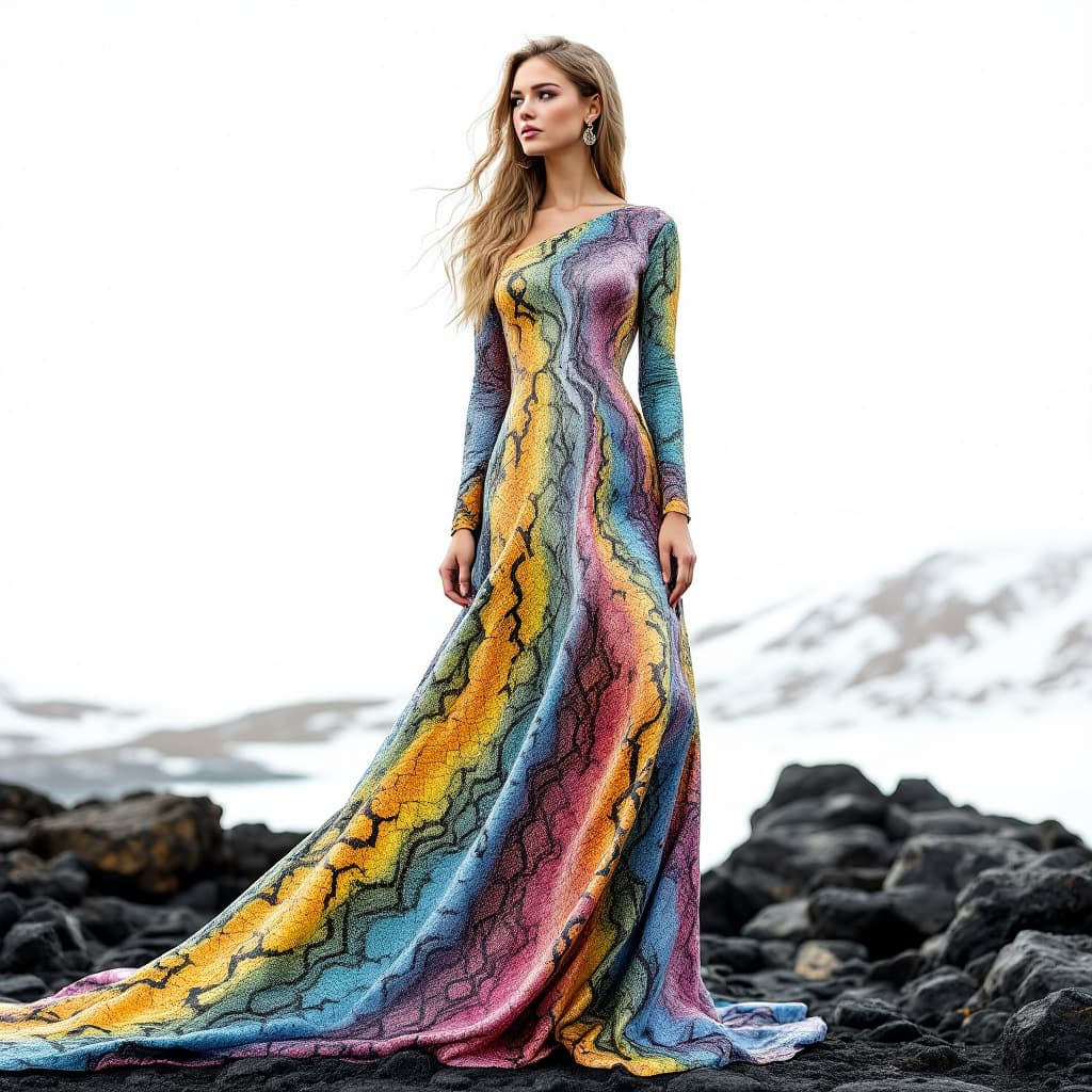 AI generated: An Icelandic woman, beautiful face, perfect figure, wearing a long dress made of snake skin,  smooth...
