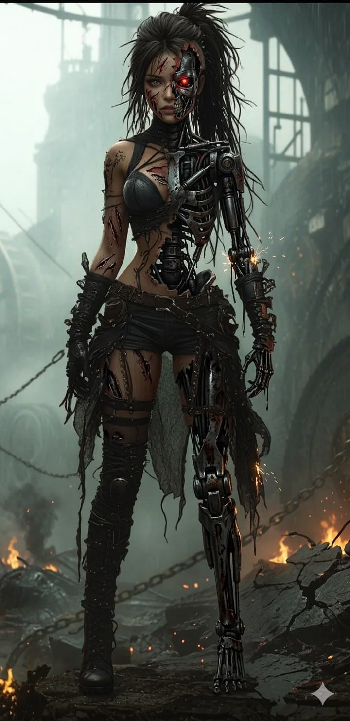 AI generated: Full-body cinematic shot of a battle-damaged female cyborg standing in a scorched wasteland. Her bod...