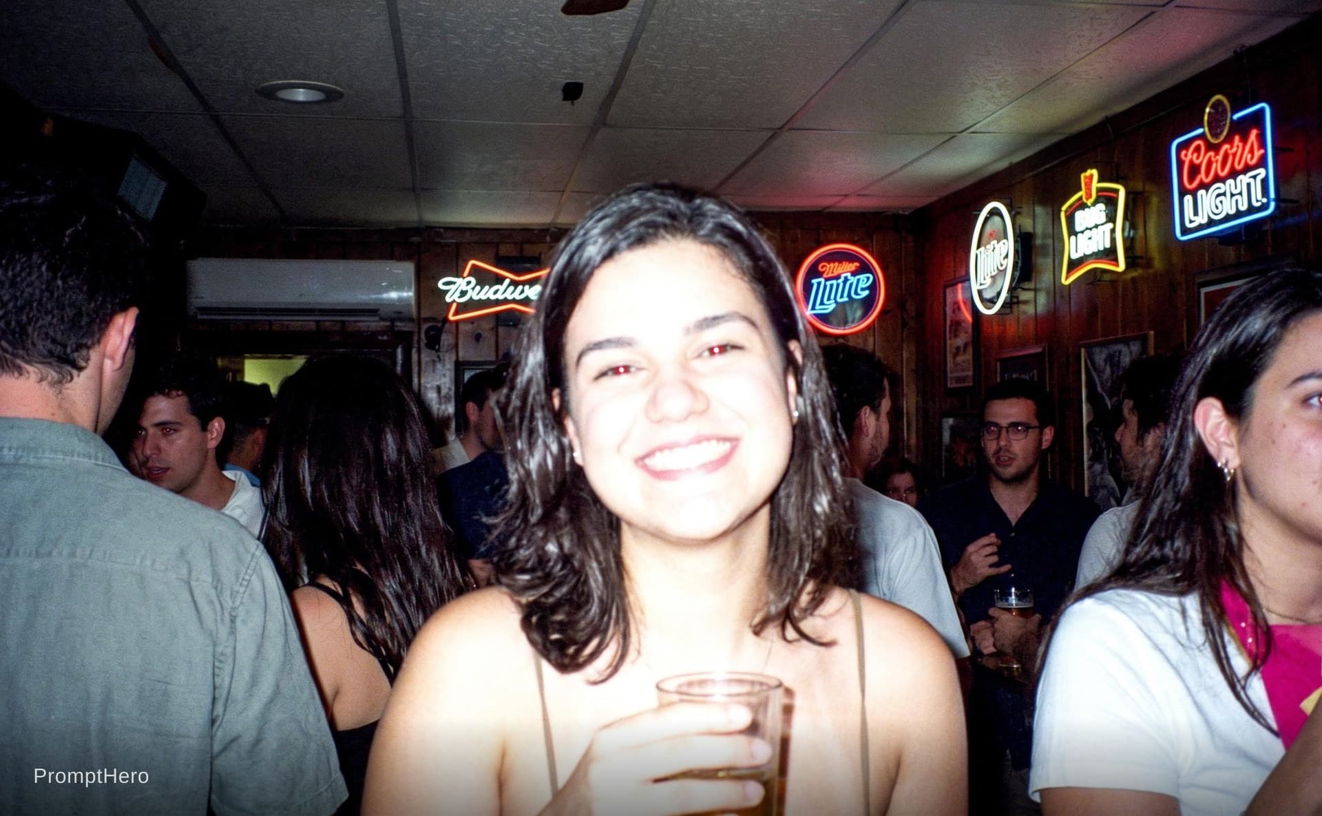 AI generated: photo taken with a compact digital camera from the early 1990s, grainy, saturated colours, flash pho...