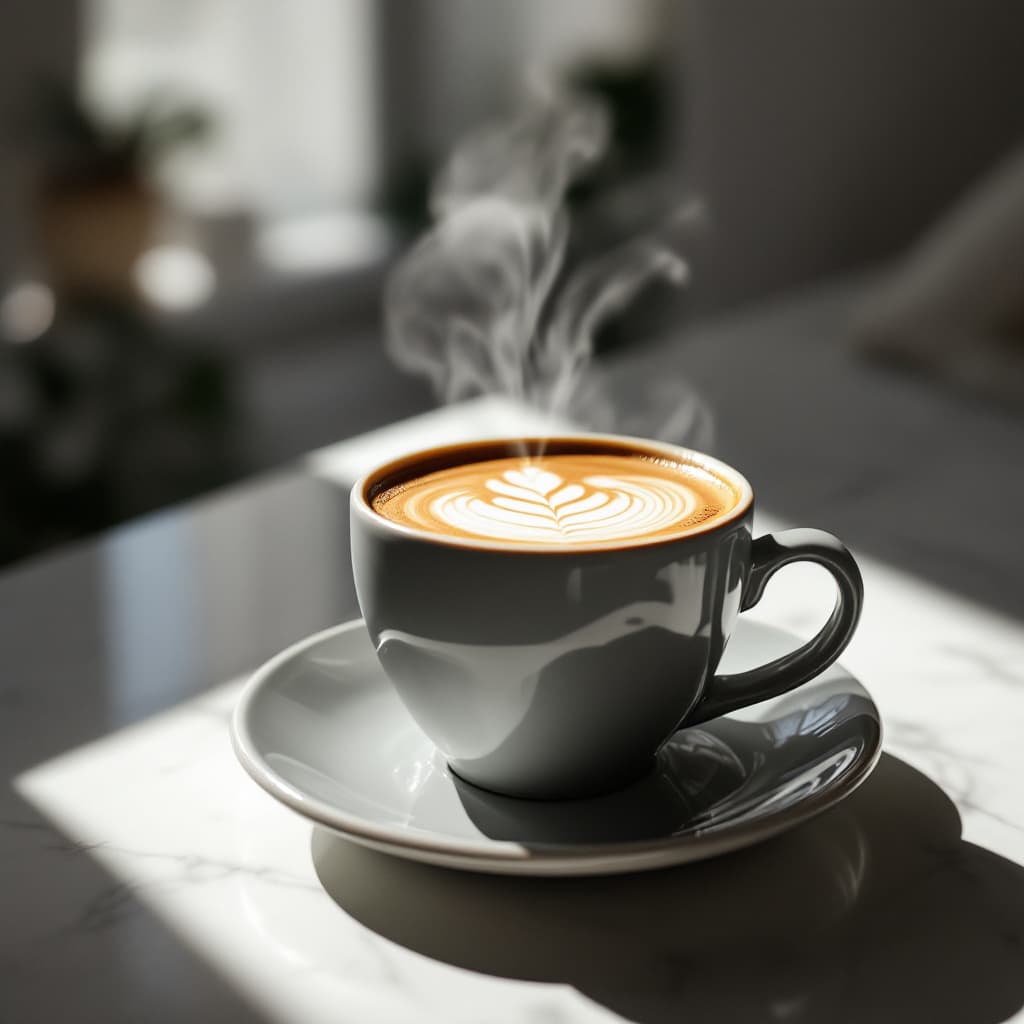AI generated: latte cup in the sunlight, from the big distance from standing, in a minimalistic design room with g...