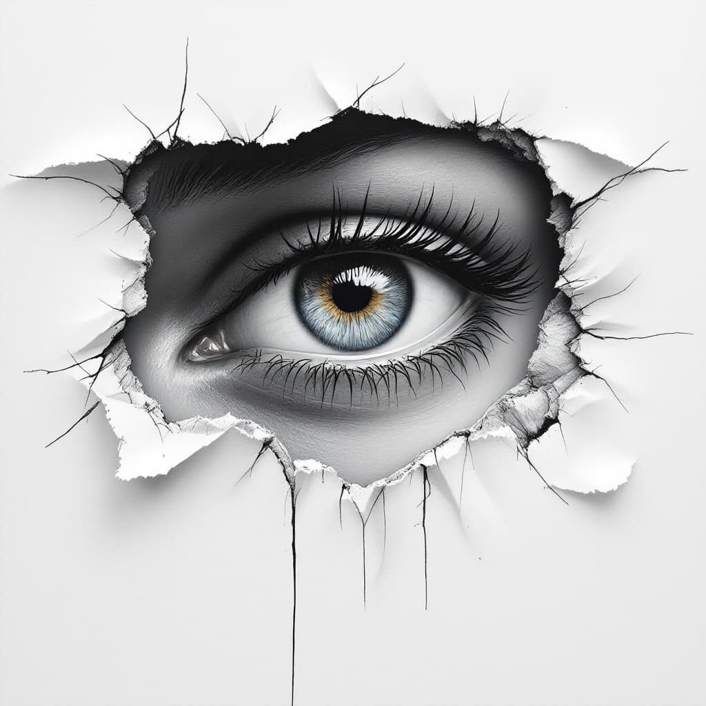 AI generated: Create a hyperrealistic oil painting on a clean white canvas, featuring an eye peeking through a rip...