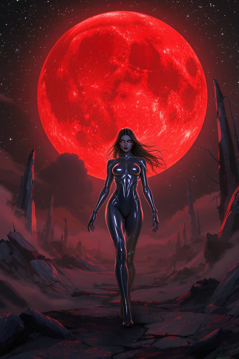AI generated: a gorgeous out of this world girl standing by the dystopian end of the world landscape, the moon is ...