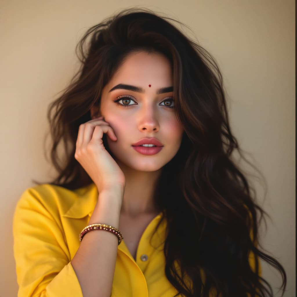 AI generated: Jennifer Connelly ,18-21 years old, Indian hair style, wearing yellow shirt is posing, soft , inhale...
